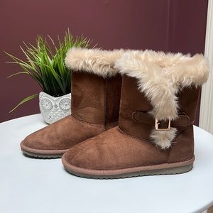 Faux suede and fur trimmed boots